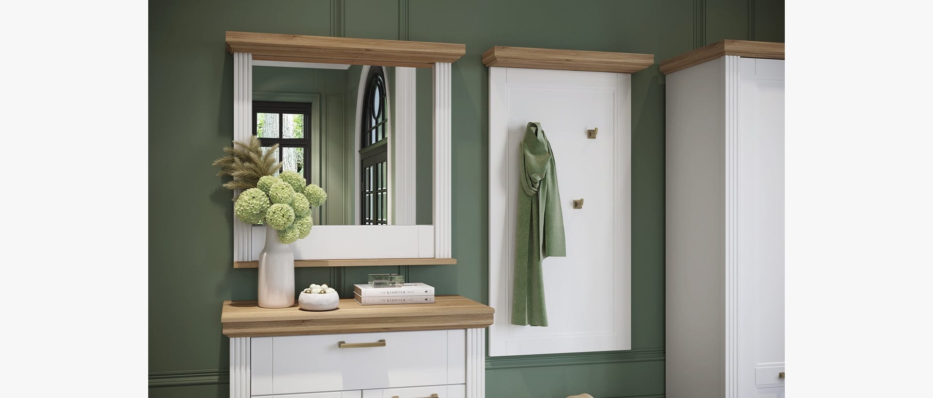 Set de mobila hol din pal si MDF, 5 piese, Tara Alb Mat / Nuc Pacific (1)