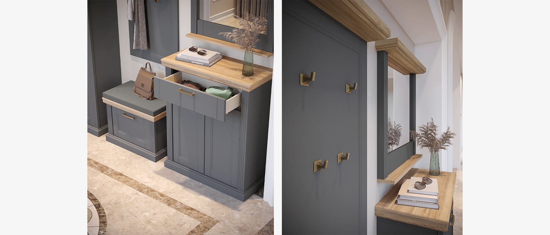 Set de mobila hol din pal si MDF, 5 piese, Tara Grafit / Nuc Pacific (3)