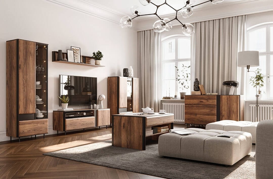 Lenart Set de mobila living din pal, metal si sticla, 6 piese, Borga Stejar Catania / Negru