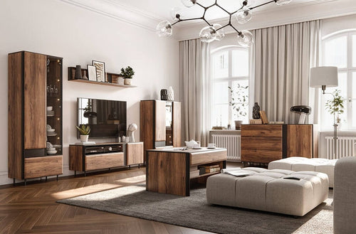 Lenart Set de mobila living din pal, metal si sticla, 6 piese, Borga Stejar Catania / Negru