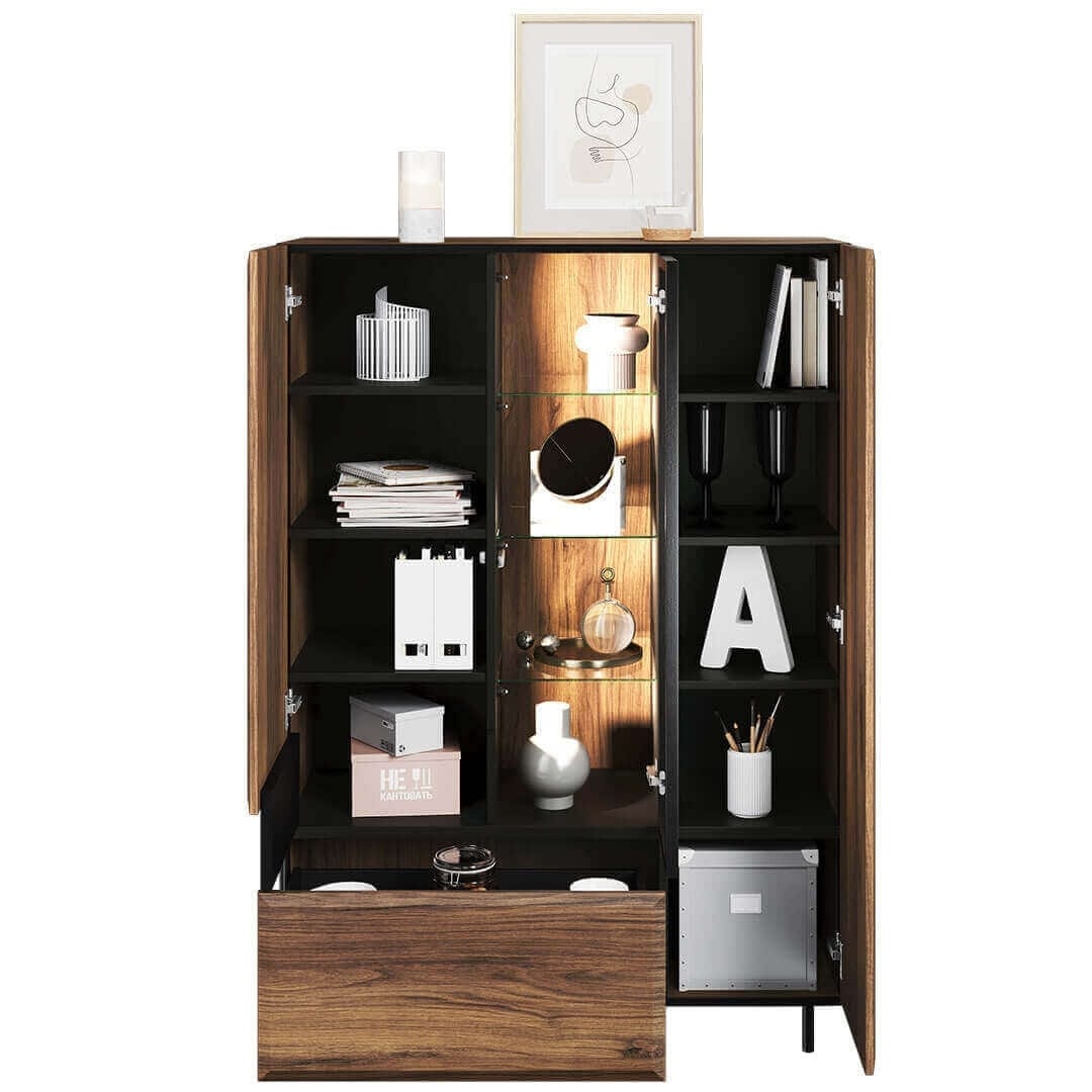 Lenart Set de mobila living din pal, metal si sticla, 6 piese, Borga Stejar Catania / Negru