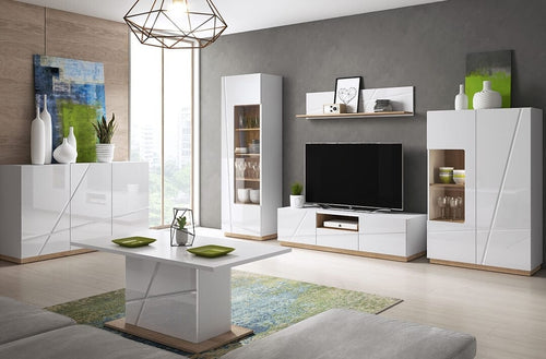 Lenart Set de mobila living din pal si sticla, 6 piese, Futura Alb / Stejar Riviera