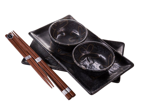 Set japonez pentru servire sushi, din ceramica, Stylized Flowers Negru, 4 piese (1)