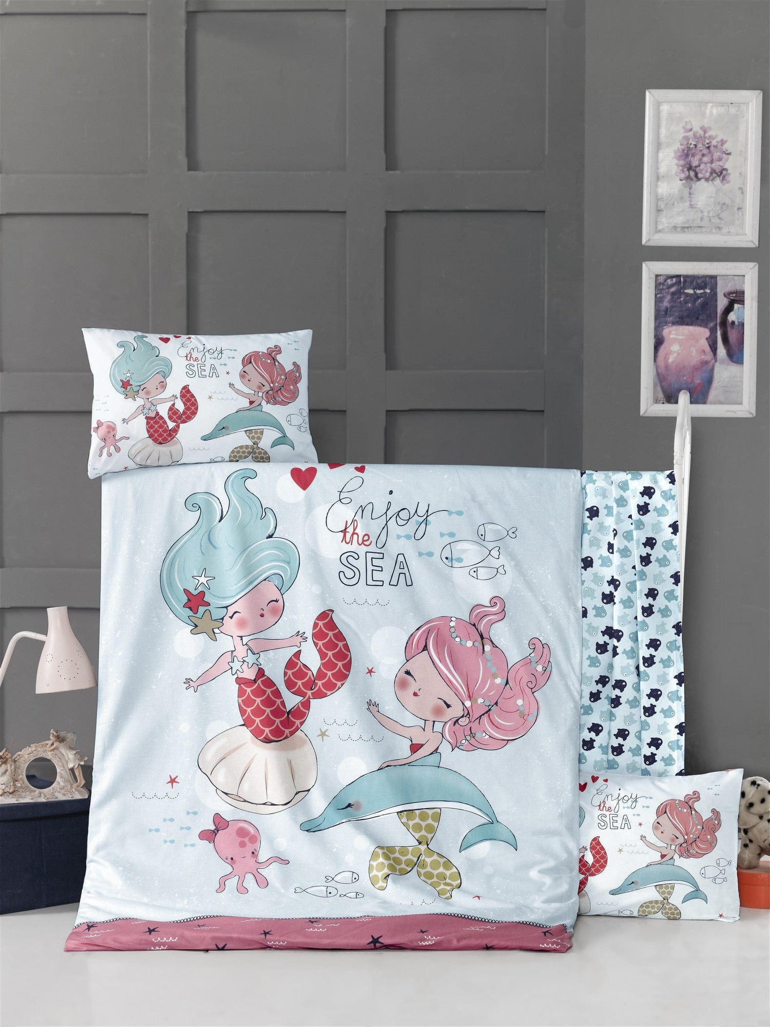 Set lenjerie pentru copii, din bumbac, 4 piese, Fish Multicolor, 100 x 150 cm