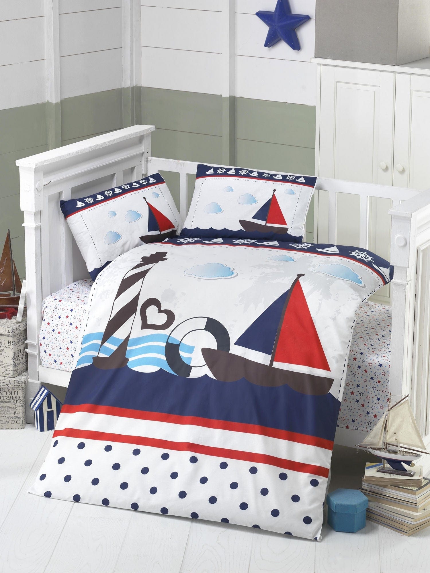 Asir Set lenjerie pentru copii, din bumbac Ranforce, 4 piese, Barca Multicolor, 100 x 150 cm