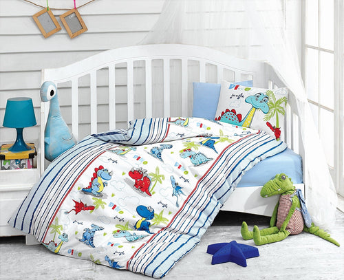 Set lenjerie pentru copii, din bumbac Ranforce, 4 piese, Dino Multicolor, 100 x 150 cm