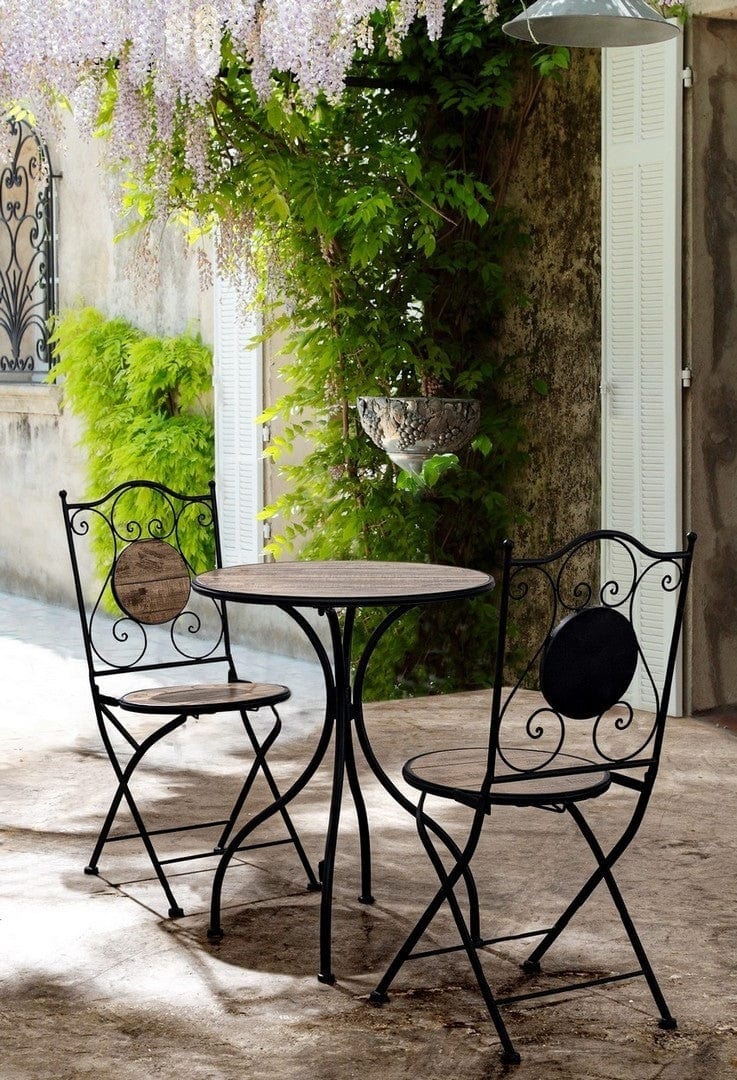 Set masa + 2 scaune pliabile pentru gradina / terasa, din ceramica si metal, Kansas Natural / Negru, Ø60xH75 cm (1)