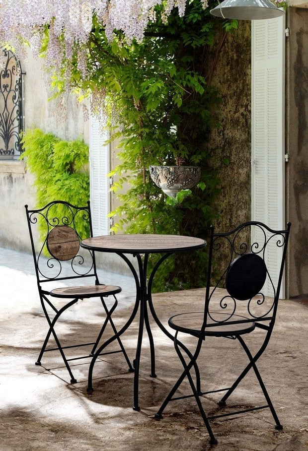 Set masa + 2 scaune pliabile pentru gradina / terasa, din ceramica si metal, Kansas Natural / Negru, Ø60xH75 cm (1)