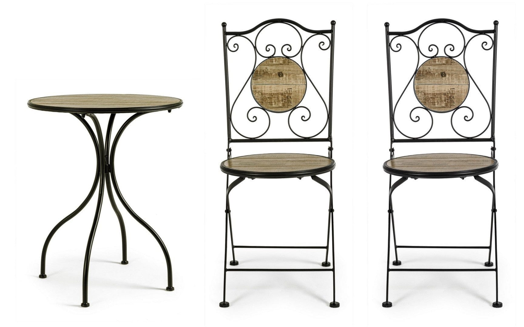 Set masa + 2 scaune pliabile pentru gradina / terasa, din ceramica si metal, Kansas Natural / Negru, Ø60xH75 cm (4)