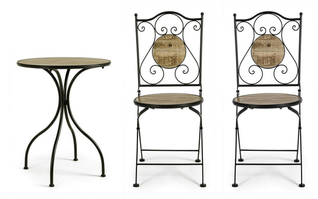 Set masa + 2 scaune pliabile pentru gradina / terasa, din ceramica si metal, Kansas Natural / Negru, Ø60xH75 cm (4)