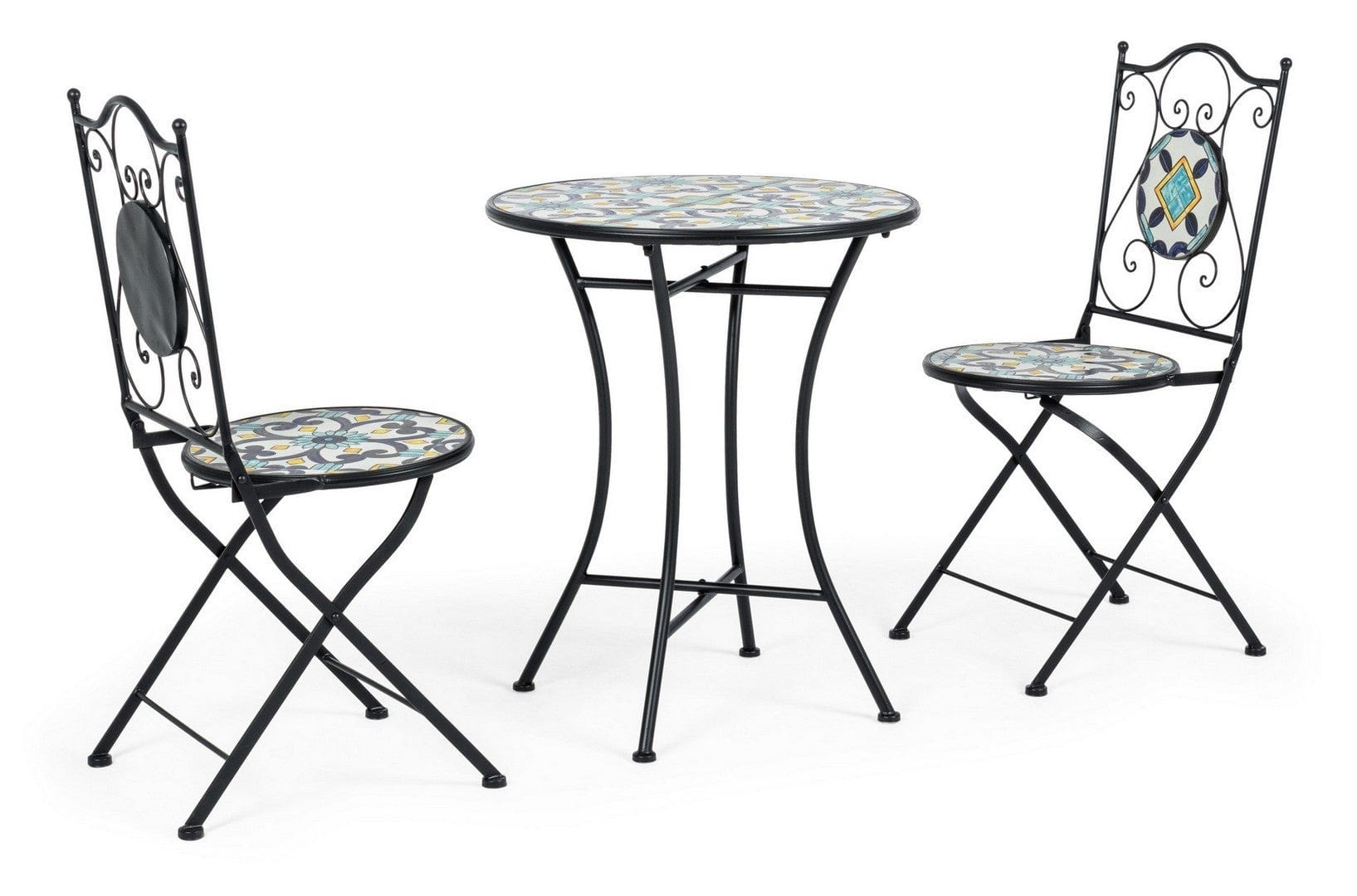 Set masa + 2 scaune pliabile pentru gradina / terasa, din ceramica si metal, Positano Multicolor / Negru, Ø60xH75 cm