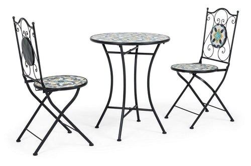 Set masa + 2 scaune pliabile pentru gradina / terasa, din ceramica si metal, Positano Multicolor / Negru, Ø60xH75 cm