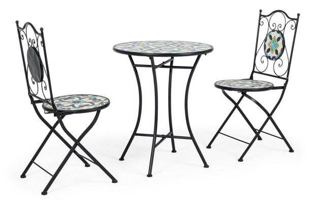 Set masa + 2 scaune pliabile pentru gradina / terasa, din ceramica si metal, Positano Multicolor / Negru, Ø60xH75 cm