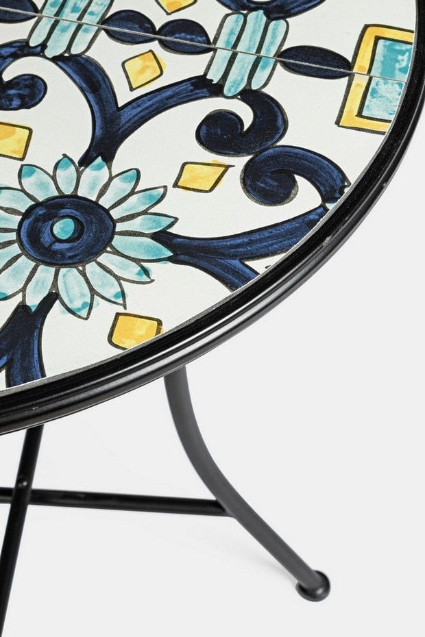 Set masa + 2 scaune pliabile pentru gradina / terasa, din ceramica si metal, Positano Multicolor / Negru, Ø60xH75 cm (7)