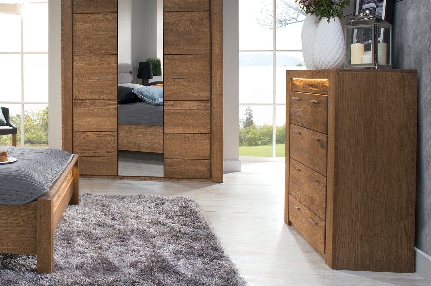 Set Mobila Dormitor din furnir si pal, cu pat 200 x 160 cm, 5 piese Velvet Stejar Rustic / Gri (10)