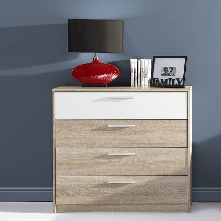 Set Mobila Dormitor din pal, cu pat 200 x 160 cm, 3 piese Milo  Alb / Stejar Sonoma (2)