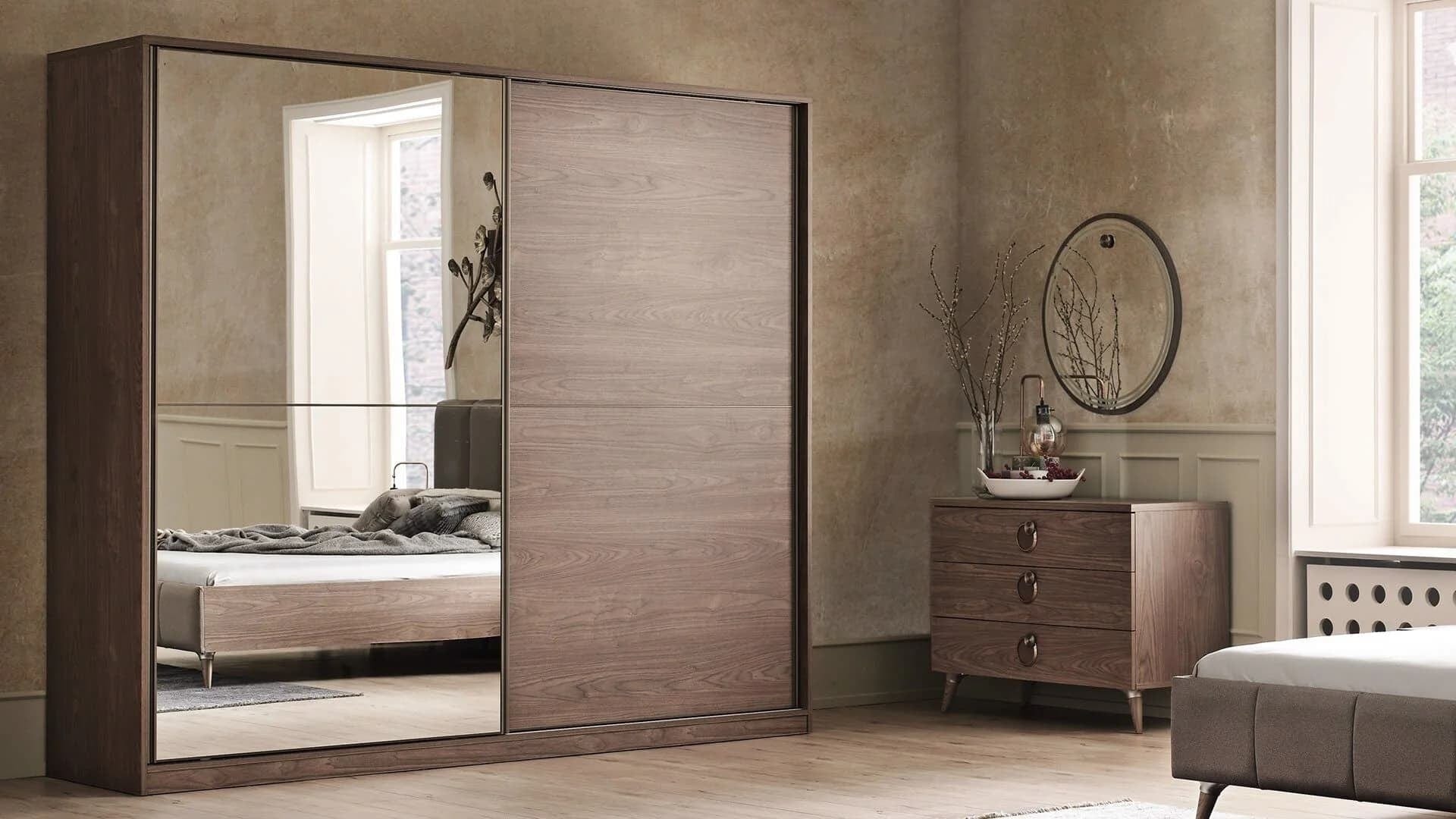 Dogtas Set Mobila Dormitor din pal, cu pat 200 x 160 cm, 5 piese Clara Nuc / Grej