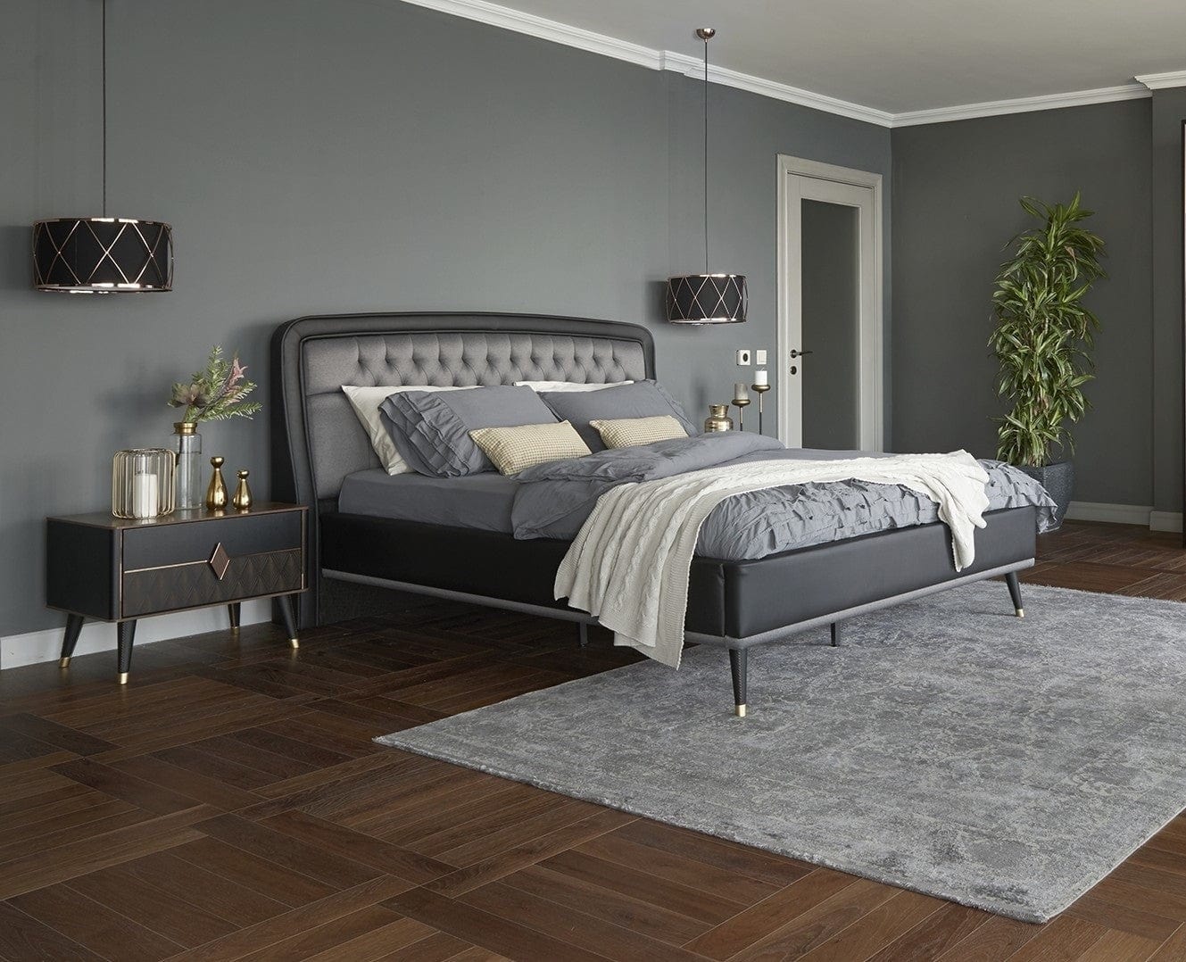 Dogtas Set Mobila Dormitor din pal, cu pat 200 x 160 cm, 5 piese Diamond Nuc / Negru