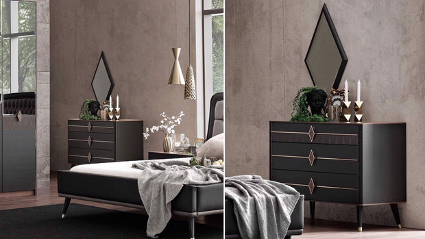 Dogtas Set Mobila Dormitor din pal, cu pat 200 x 160 cm, 5 piese Diamond Nuc / Negru