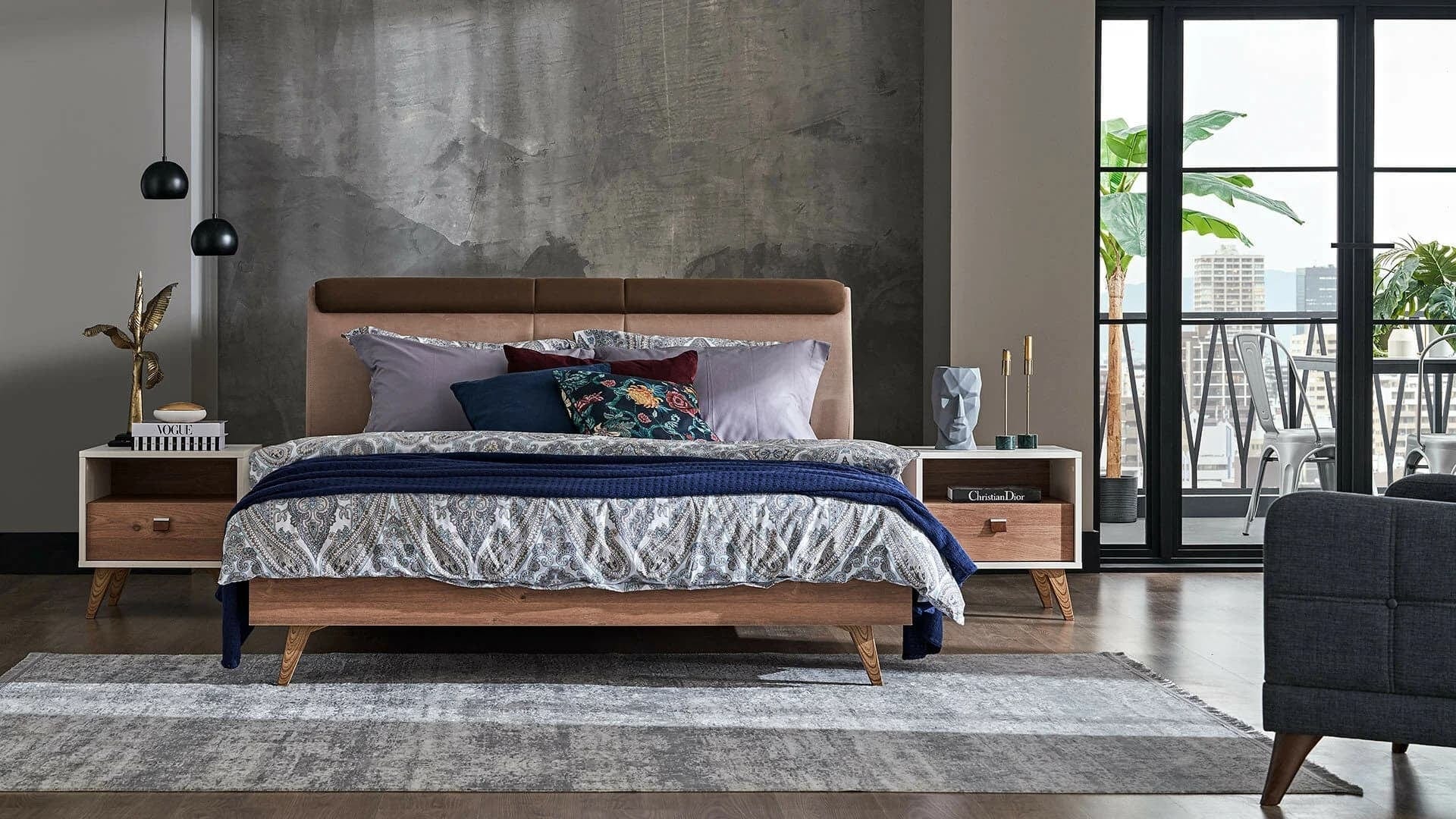 Dogtas Set Mobila Dormitor din pal, cu pat 200 x 160 cm, 6 piese Mayer Alb / Natur