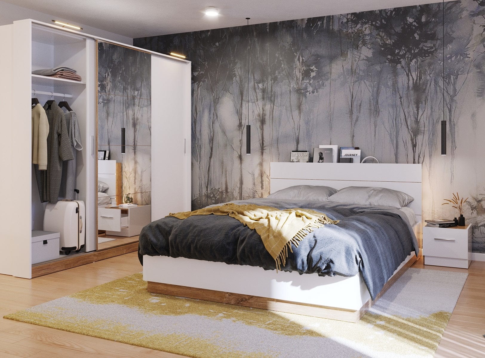 Lenart Set Mobila Dormitor din pal, cu pat 200 x 180 cm, 4 piese Dentro Alb Mat / Stejar