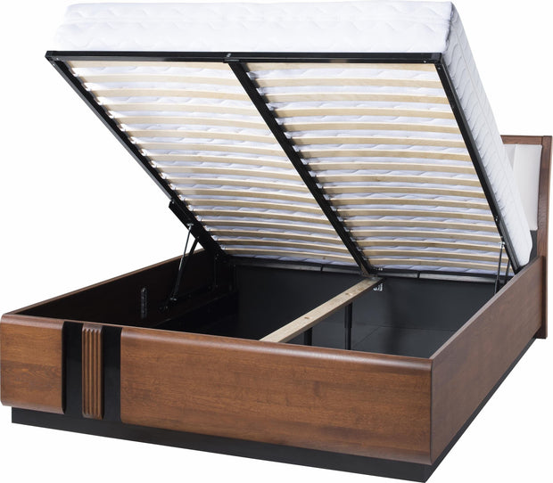 Set Mobila Dormitor din pal, furnir si lemn, cu pat 200 x 160 cm, 5 piese Porti Stejar Antic / Bej Deschis (4)