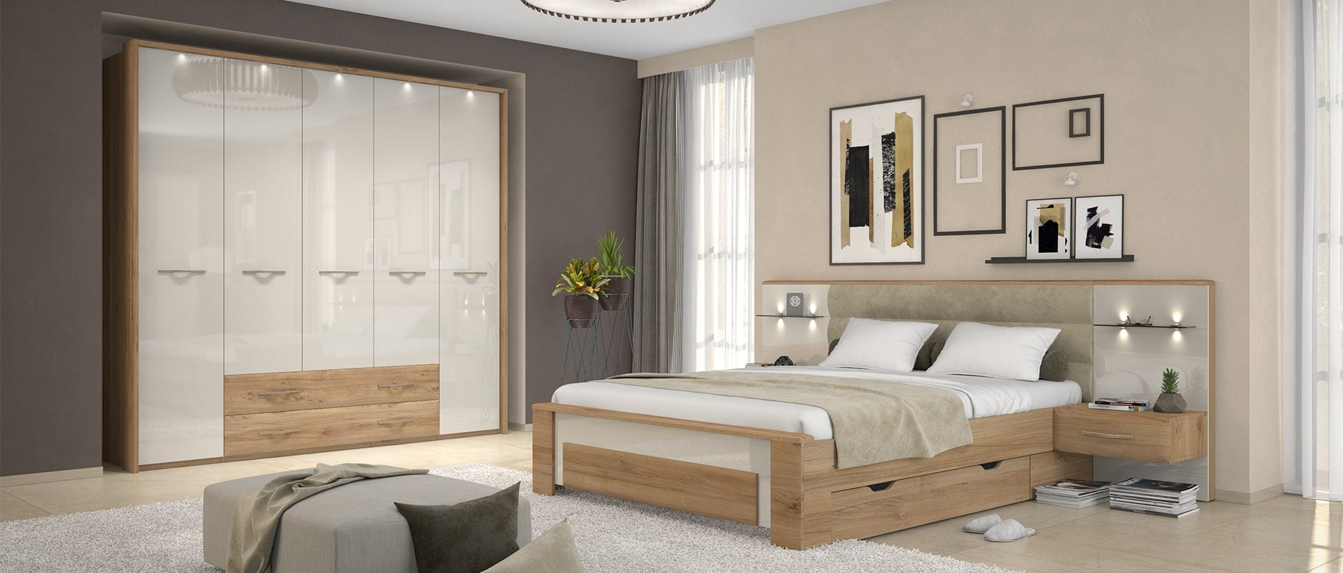 Set Mobila Dormitor din pal si MDF, cu pat 200 x 160 cm, 5 piese Gala Bej / Nuc Pacific