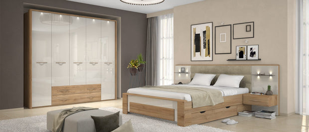 Set Mobila Dormitor din pal si MDF, cu pat 200 x 160 cm, 5 piese Gala Bej / Nuc Pacific