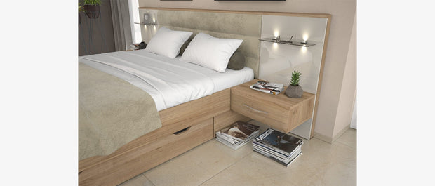 Set Mobila Dormitor din pal si MDF, cu pat 200 x 160 cm, 5 piese Gala Bej / Nuc Pacific (1)