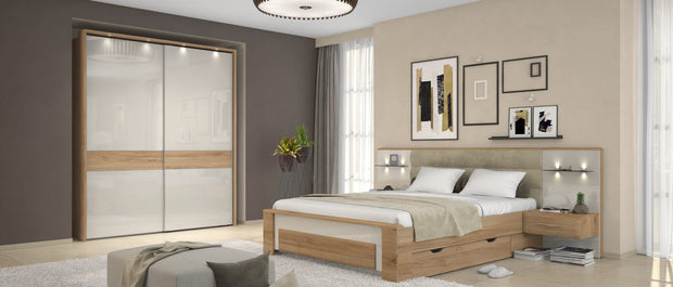 Set Mobila Dormitor din pal si MDF, cu pat 200 x 180 cm, 5 piese Gala Bej / Nuc Pacific