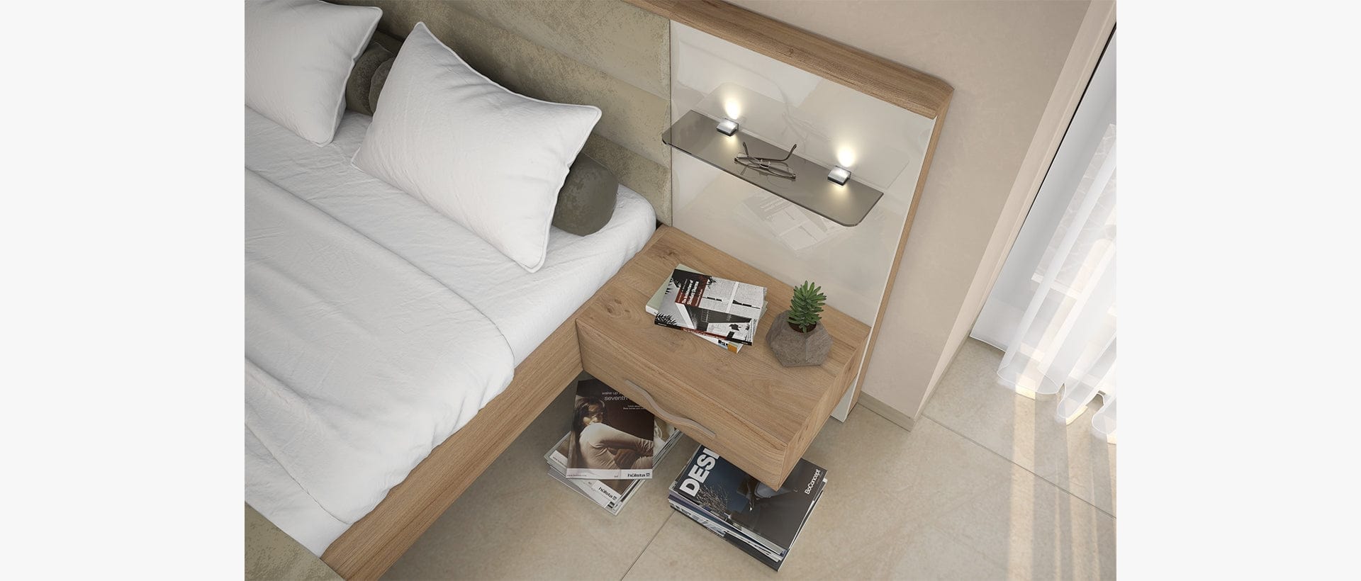 Set Mobila Dormitor din pal si MDF, cu pat 200 x 180 cm, 5 piese Gala Bej / Nuc Pacific (1)