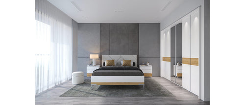 Jela Set Mobila Dormitor din pal si MDF, LED inclus, cu pat 200 x 180 cm, 4 piese Avis Large Alb / Nuc Pacific