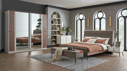 Dogtas Set Mobila Dormitor din pal si metal, cu pat 200 x 160 cm, 5 piese Larina Alb / Grej