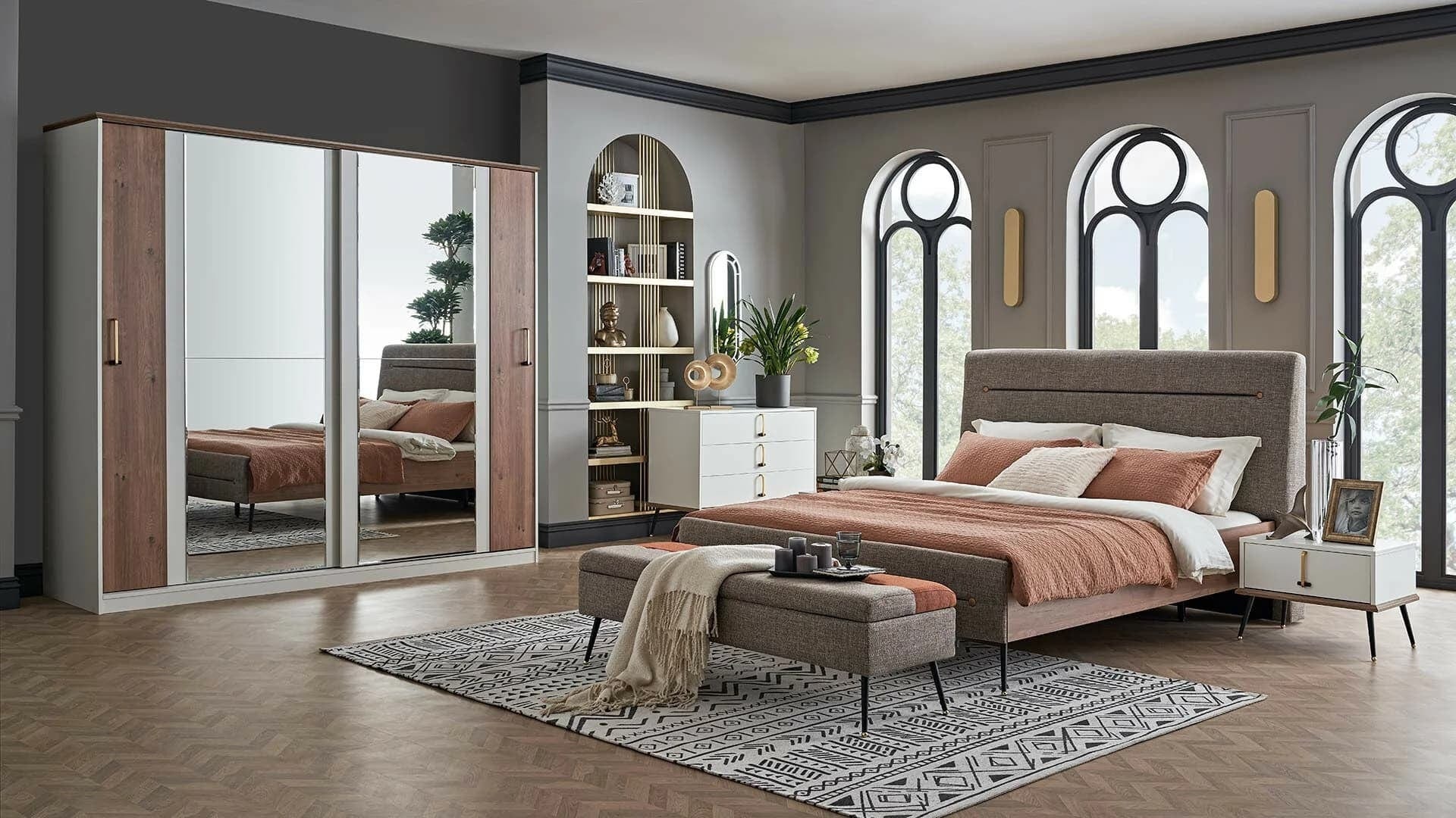 Dogtas Set Mobila Dormitor din pal si metal, cu pat 200 x 180 cm, 5 piese Larina Alb / Grej