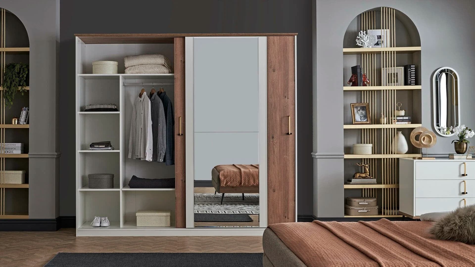 Dogtas Set Mobila Dormitor din pal si metal, cu pat 200 x 180 cm, 5 piese Larina Alb / Grej