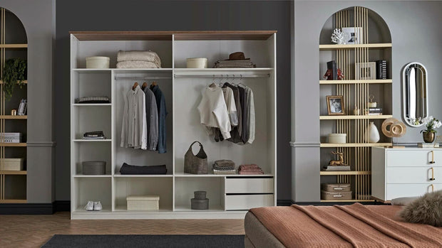 Dogtas Set Mobila Dormitor din pal si metal, cu pat 200 x 180 cm, 5 piese Larina Alb / Grej