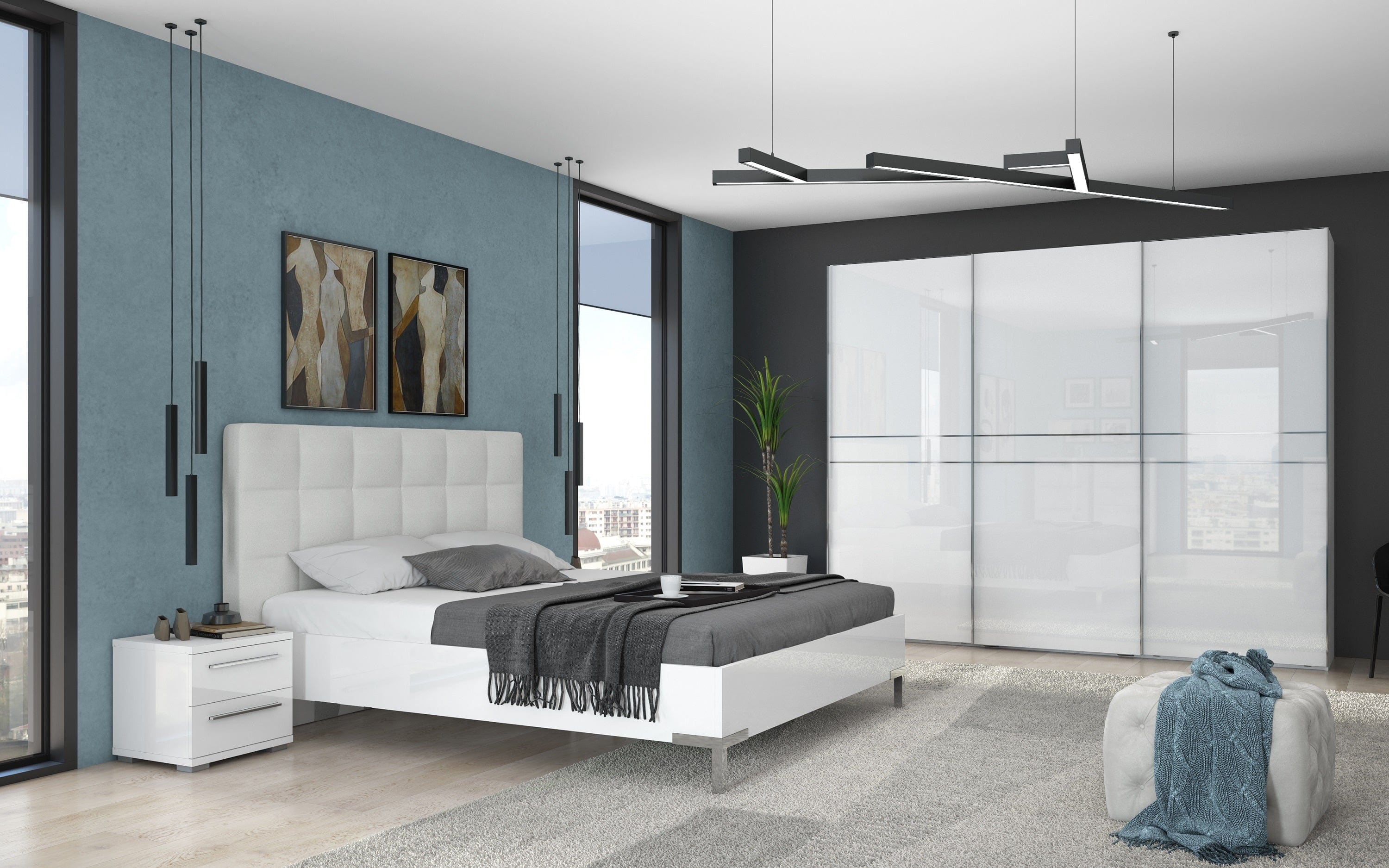 Set Mobila Dormitor din pal si piele ecologica, cu pat 200 x 160 cm, 4 piese Piano III PK281/PN Alb