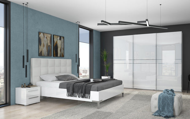 Set Mobila Dormitor din pal si piele ecologica, cu pat 200 x 160 cm, 4 piese Piano III PK281/PN Alb