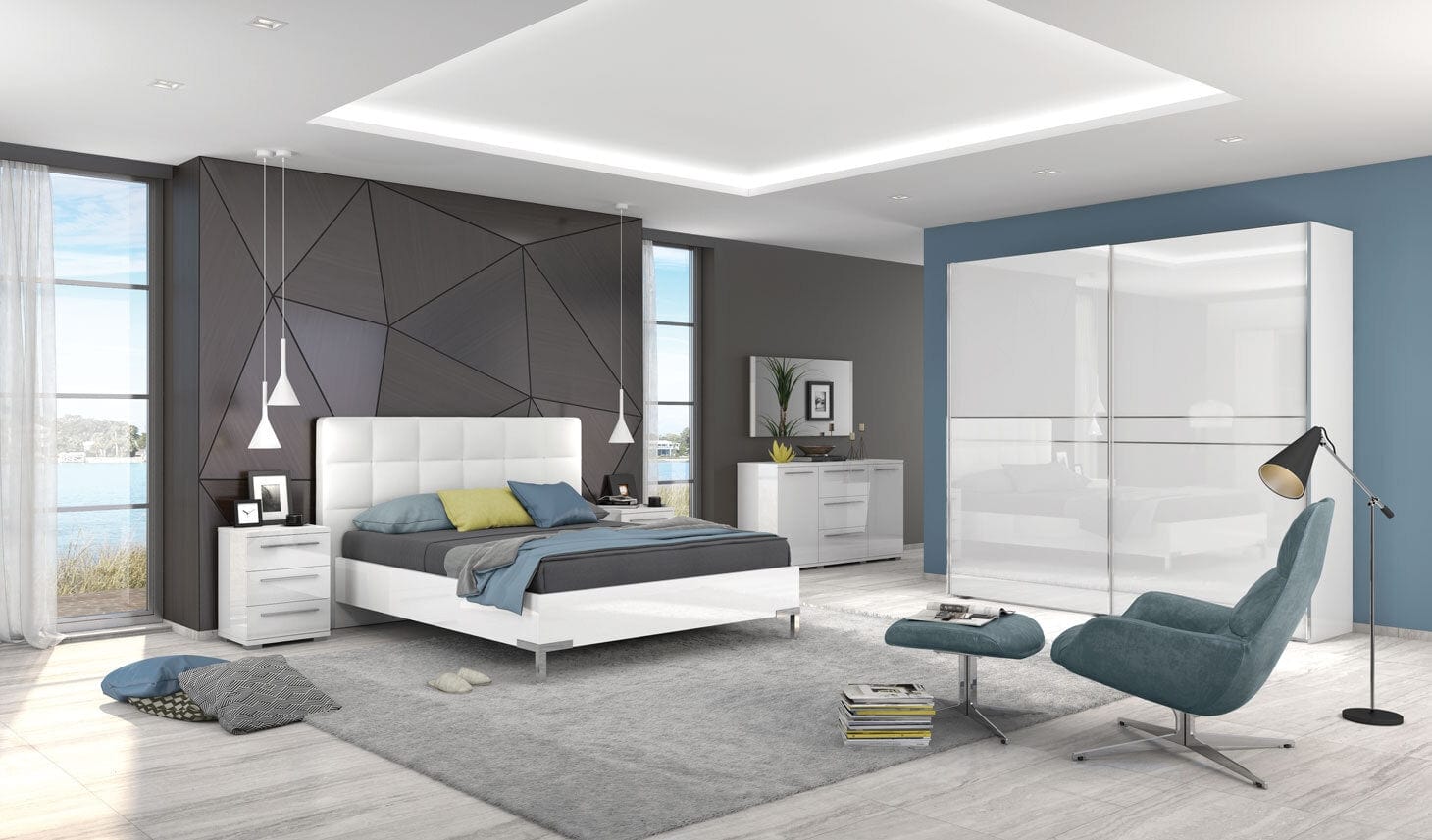 Set Mobila Dormitor din pal si piele ecologica, cu pat 200 x 160 cm, 5 piese Piano PK231/PN Alb