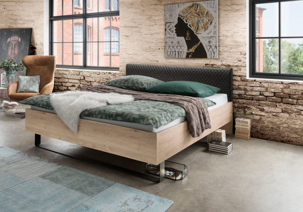 Set Mobila Dormitor din pal si piele ecologica, cu pat 200 x 160 cm, 6 piese Bruxelles Small Stejar / Grafit (1)