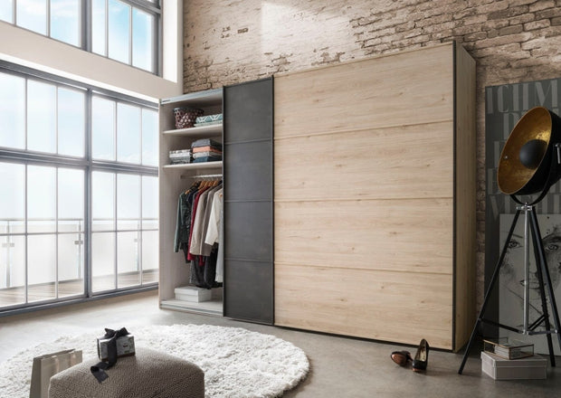 Set Mobila Dormitor din pal si piele ecologica, cu pat 200 x 160 cm, 6 piese Bruxelles Small Stejar / Grafit (3)