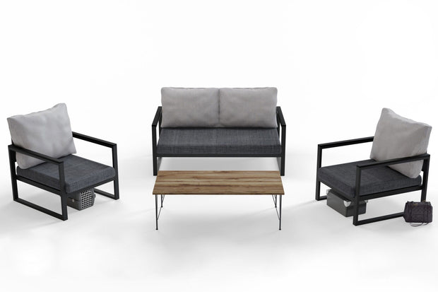 Asir Set mobilier gradina / terasa, Matis MTLKNP003 Gri / Negru, canapea 2 locuri + 2 fotolii fixe + masa de cafea