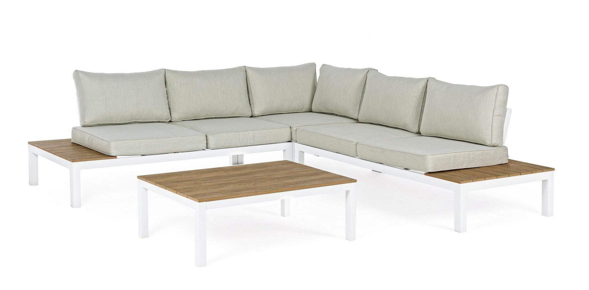 Set mobilier modular pentru gradina / terasa Elias Bej / Natural / Alb, coltar 5 locuri + masa de cafea