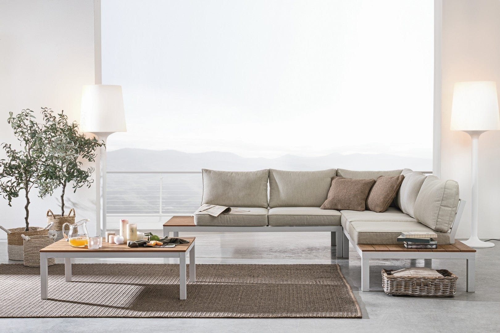 Set mobilier modular pentru gradina / terasa Elias Bej / Natural / Alb, coltar 5 locuri + masa de cafea (1)