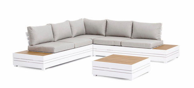 Set mobilier modular pentru gradina / terasa, Osten Gri / Natural / Alb, coltar 5 locuri + masa de cafea