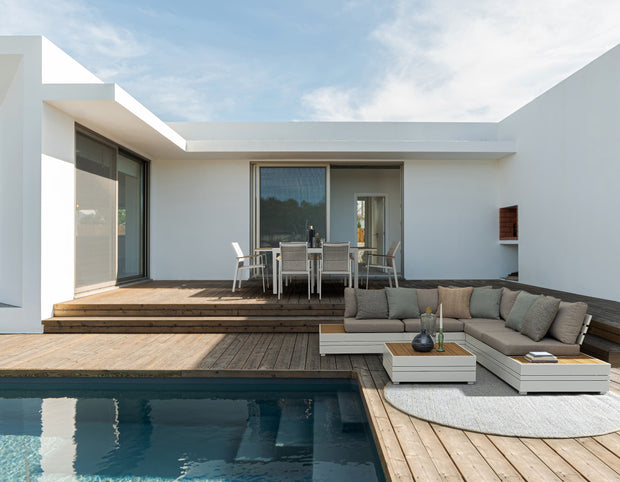 Set mobilier modular pentru gradina / terasa, Osten Gri / Natural / Alb, coltar 5 locuri + masa de cafea (1)