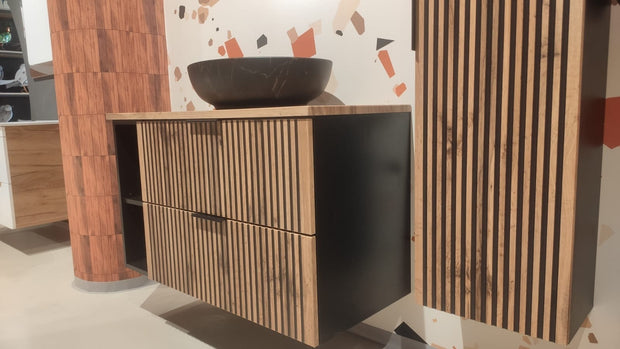Set Mobilier pentru baie, din pal si MDF, 6 piese, 100 cm, Xilo Stejar Wotan / Negru (4)