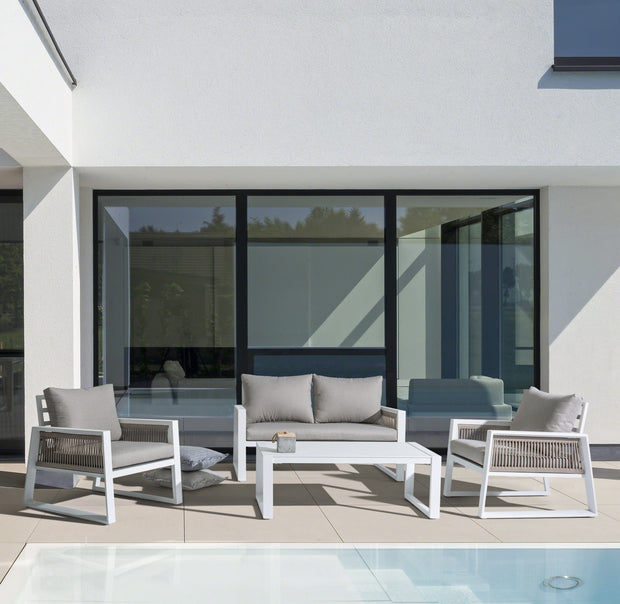 Set mobilier pentru gradina / terasa, Captiva Gri / Alb, 2 fotolii + canapea 2 locuri + masa de cafea (1)