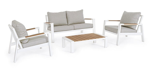 Set mobilier pentru gradina / terasa, Einar Natural / Alb, 2 fotolii + canapea 2 locuri + masa de cafea