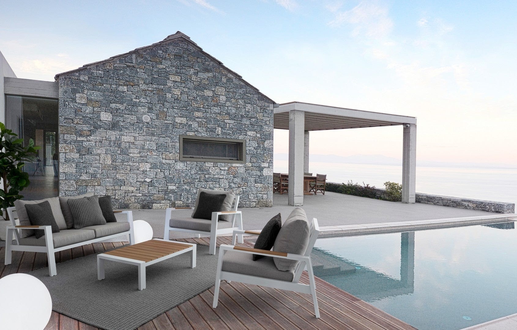 Set mobilier pentru gradina / terasa, Einar Natural / Alb, 2 fotolii + canapea 2 locuri + masa de cafea (1)